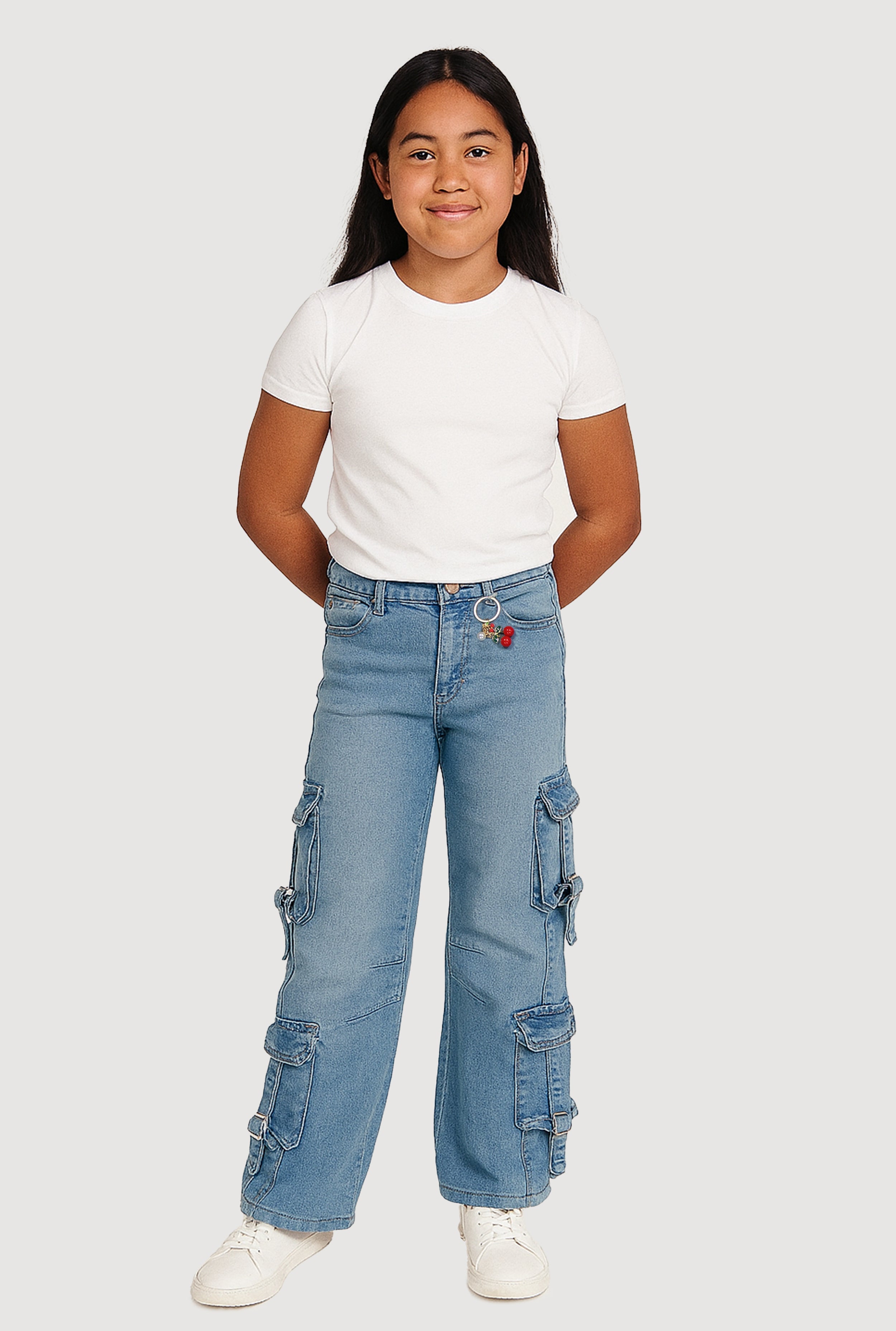 Girls Pull Tab Utility Jeans with Cherry Charm