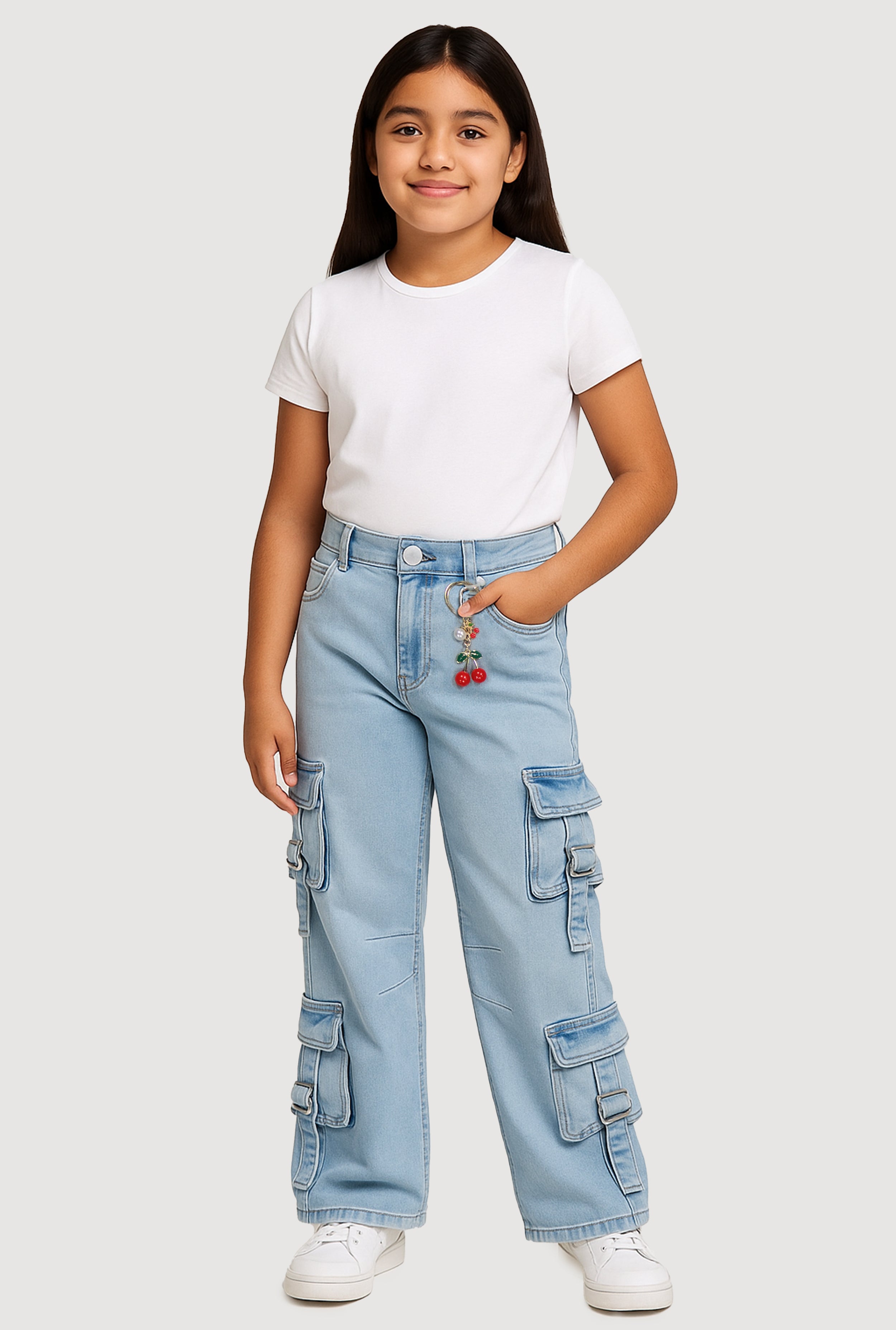 Girls Pull Tab Utility Jeans with Cherry Charm