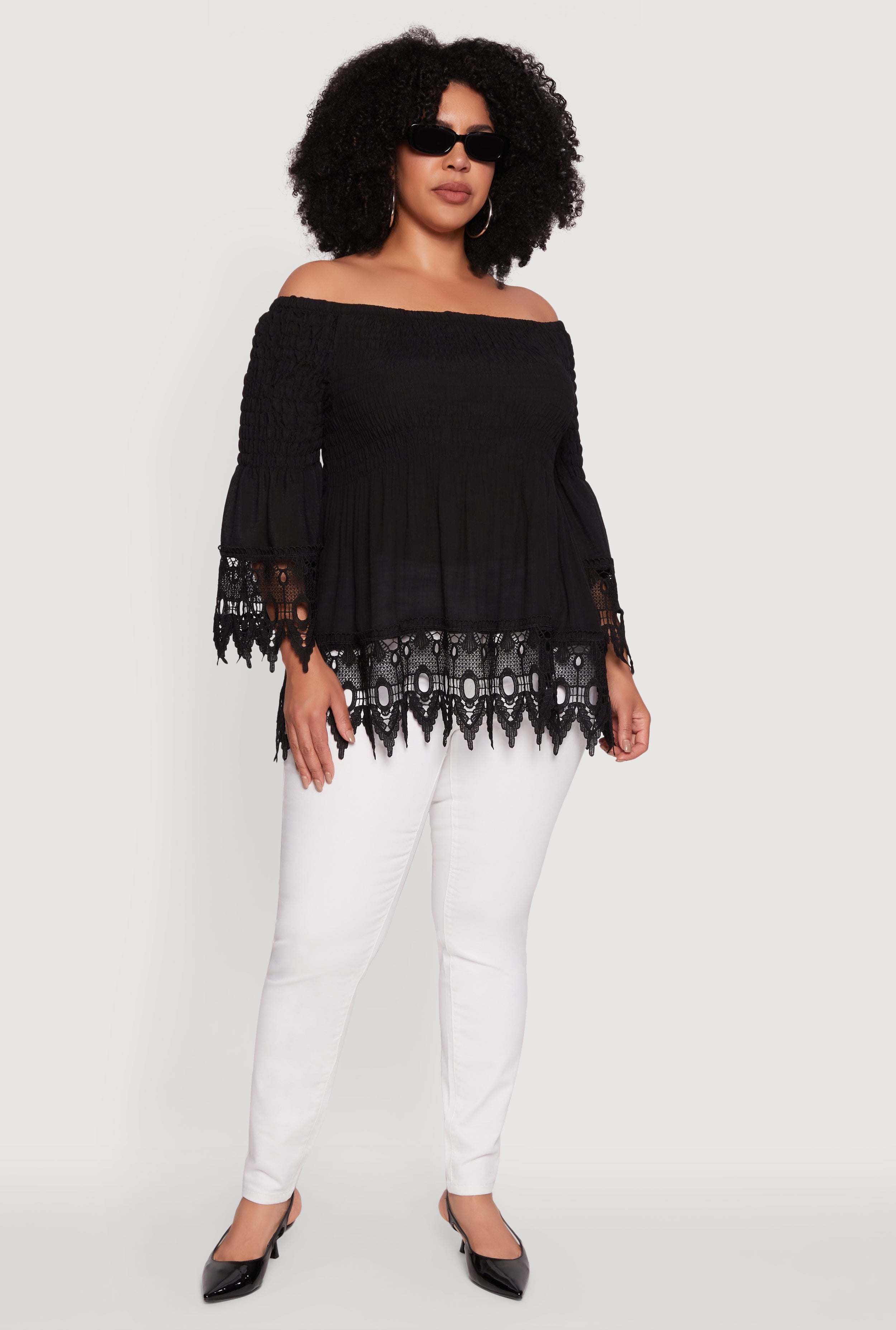 Plus Size Crochet Trim Off Shoulder Bell Sleeve Blouse