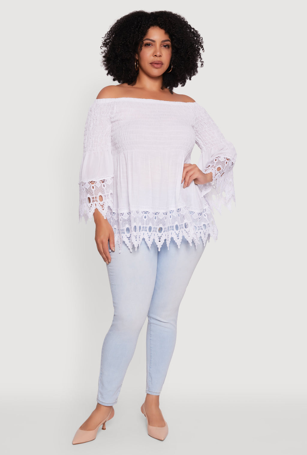 Plus Size Crochet Trim Off Shoulder Bell Sleeve Blouse