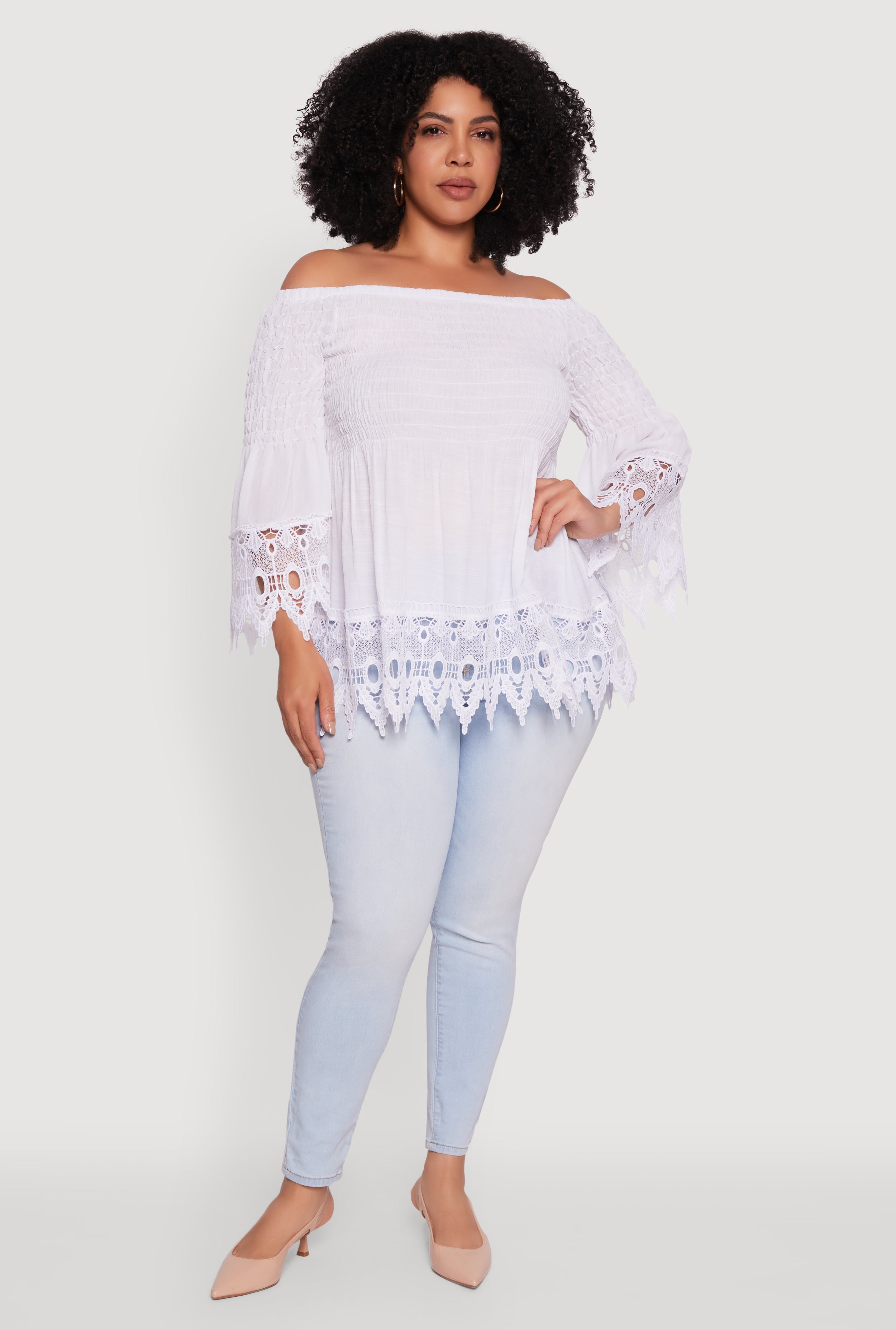 Plus Size Crochet Trim Off Shoulder Bell Sleeve Blouse