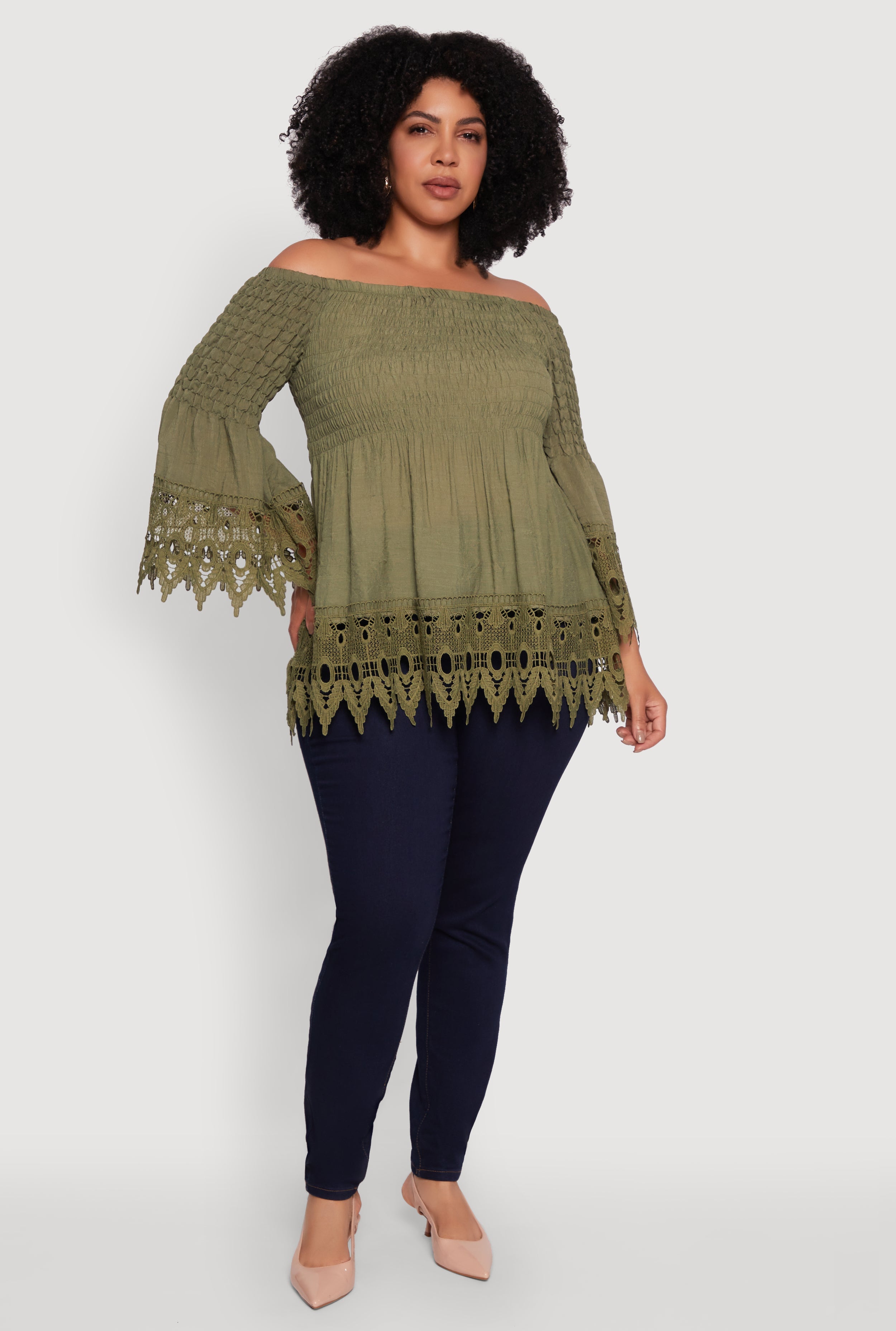 Plus Size Crochet Trim Off Shoulder Bell Sleeve Blouse
