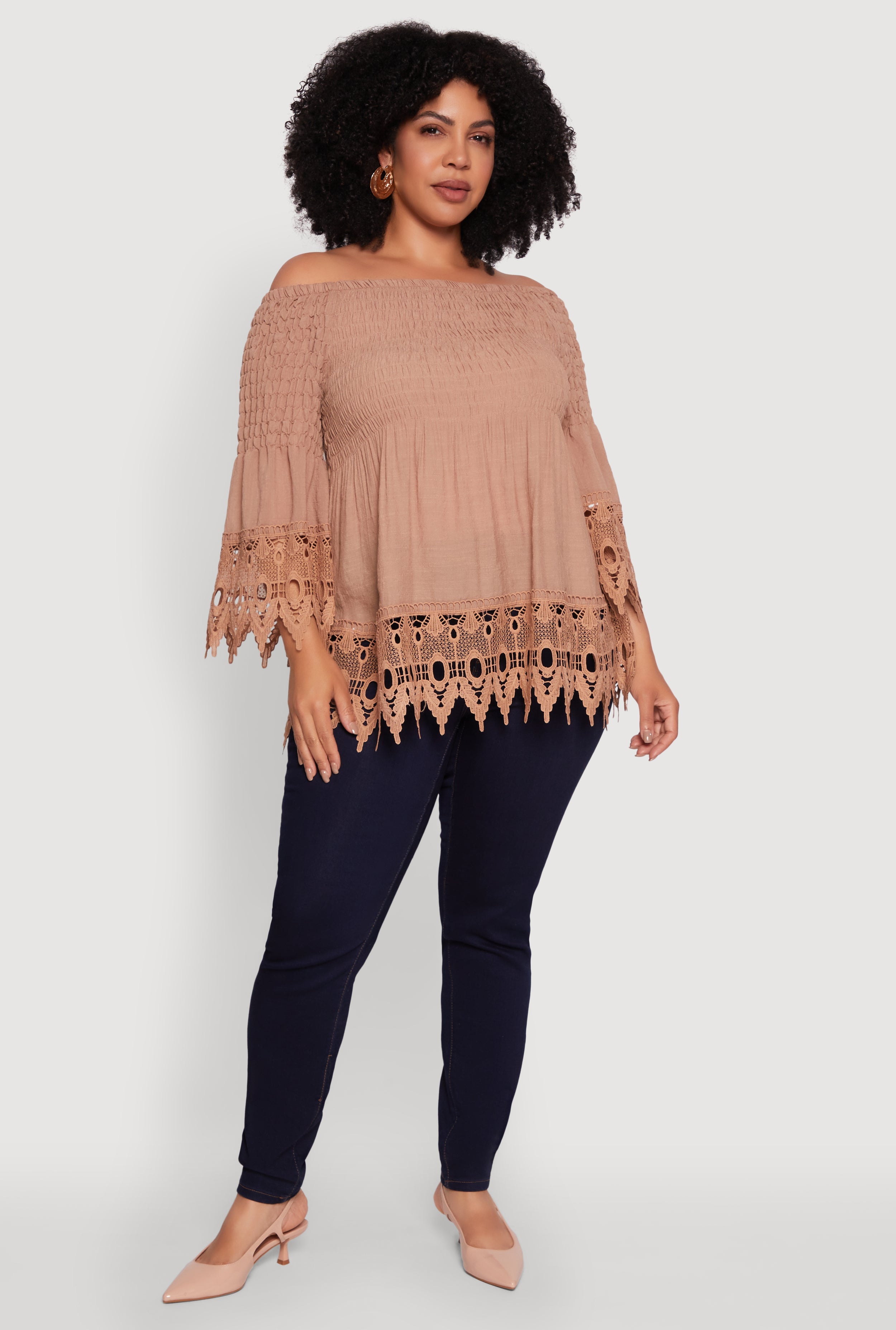 Plus Size Crochet Trim Off Shoulder Bell Sleeve Blouse
