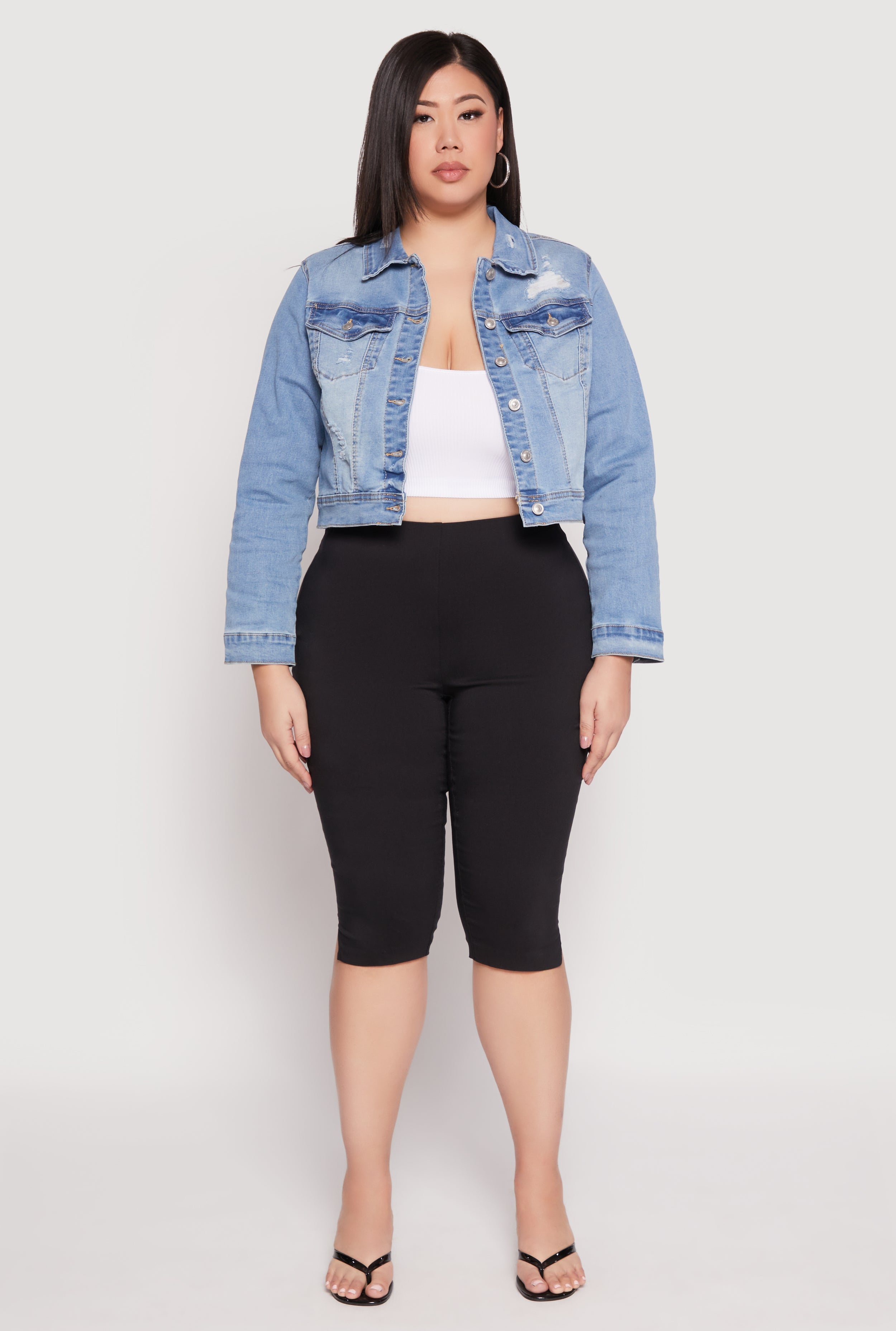 Plus Size WAX Distressed Cropped Jean Jacket