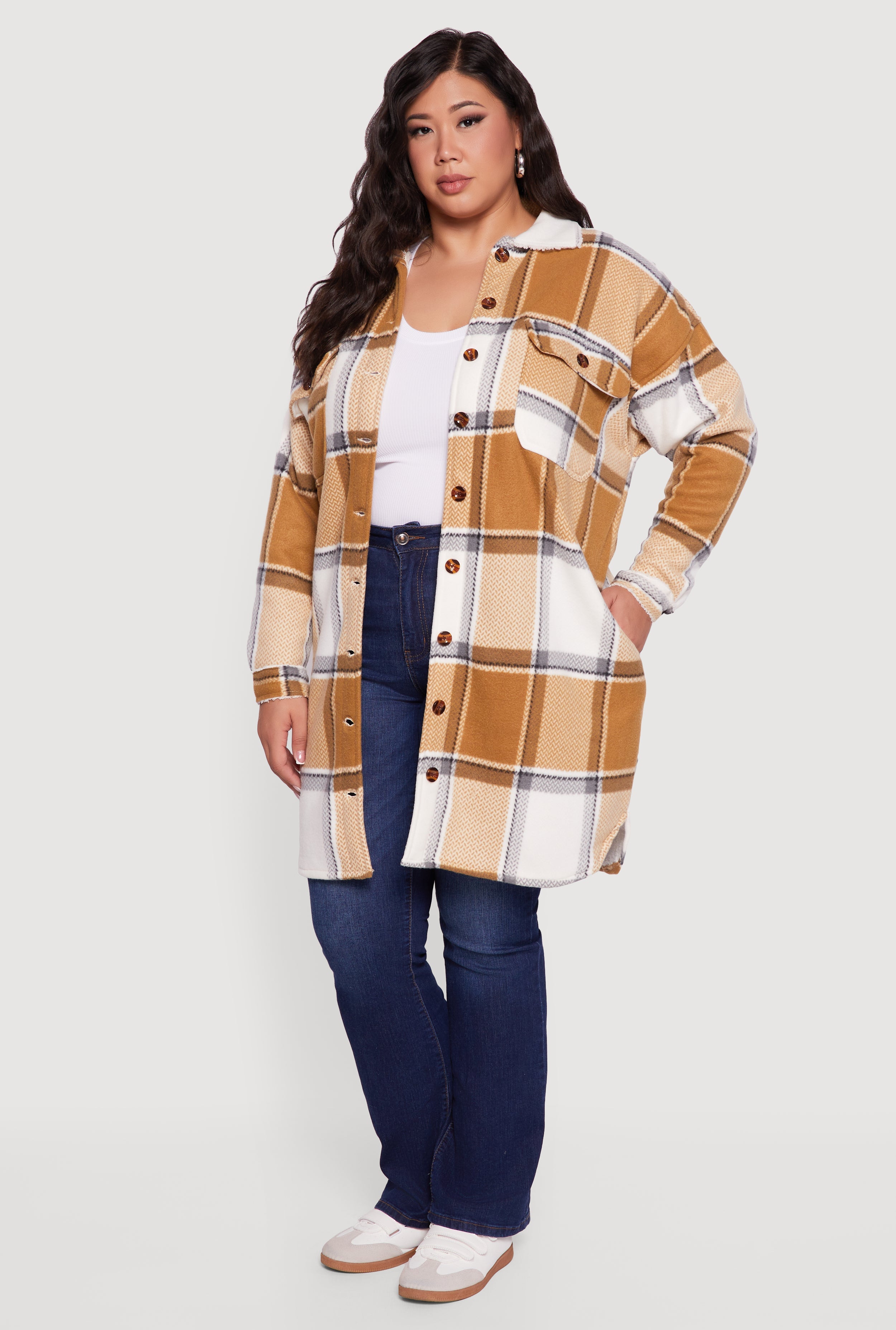 Plus Size Sherpa Lined Long Button Front Shacket