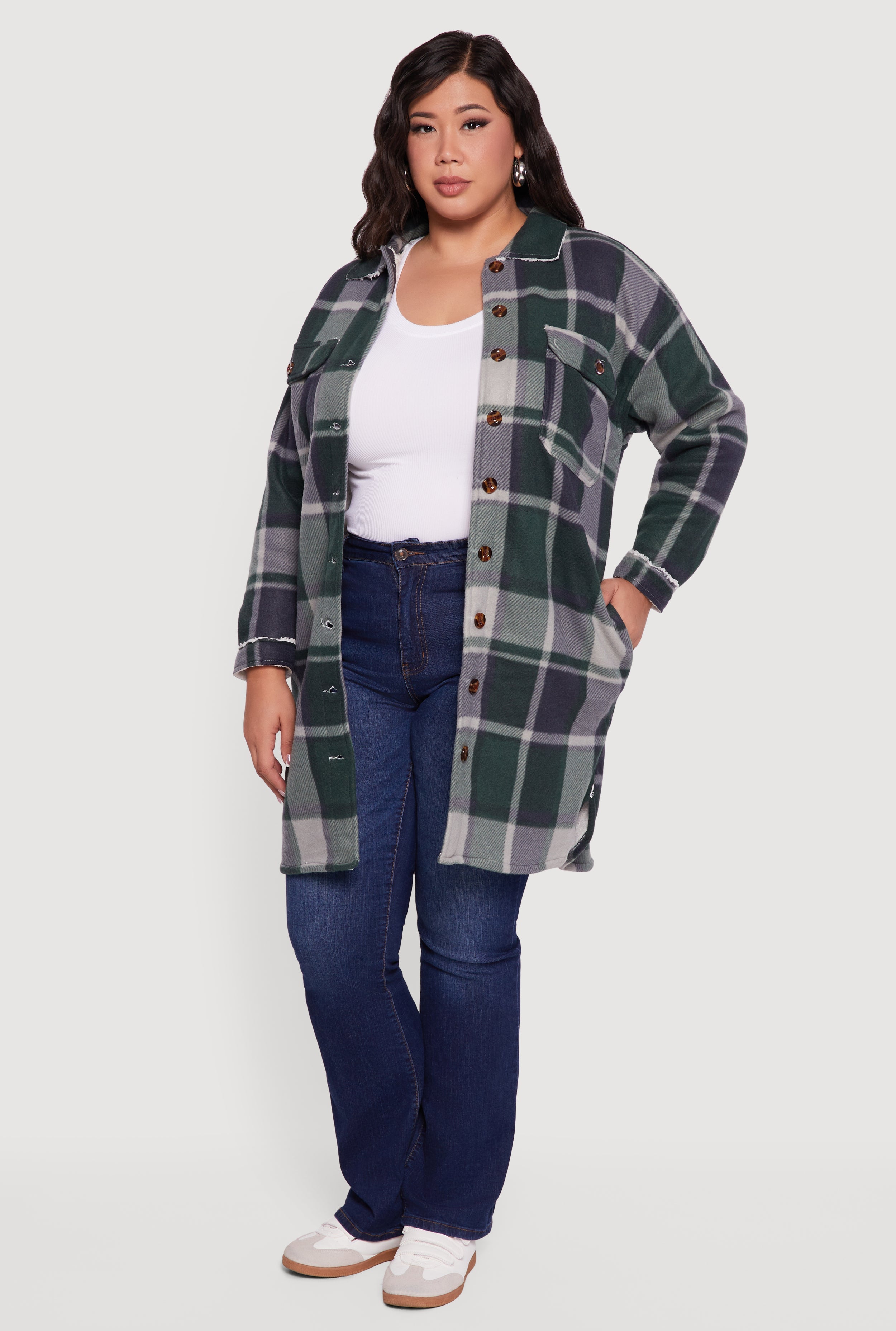 Plus Size Sherpa Lined Long Button Front Shacket