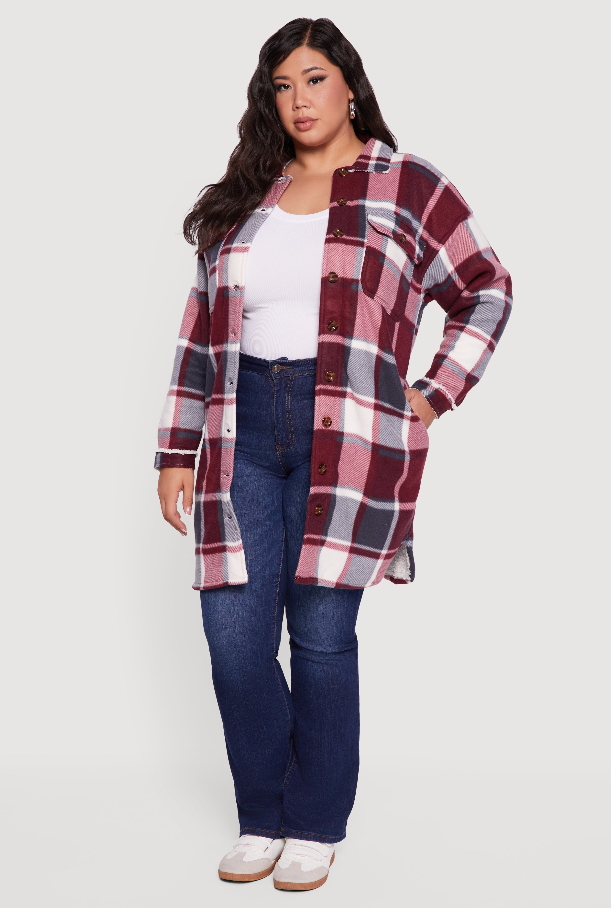 Plus Size Sherpa Lined Long Button Front Shacket