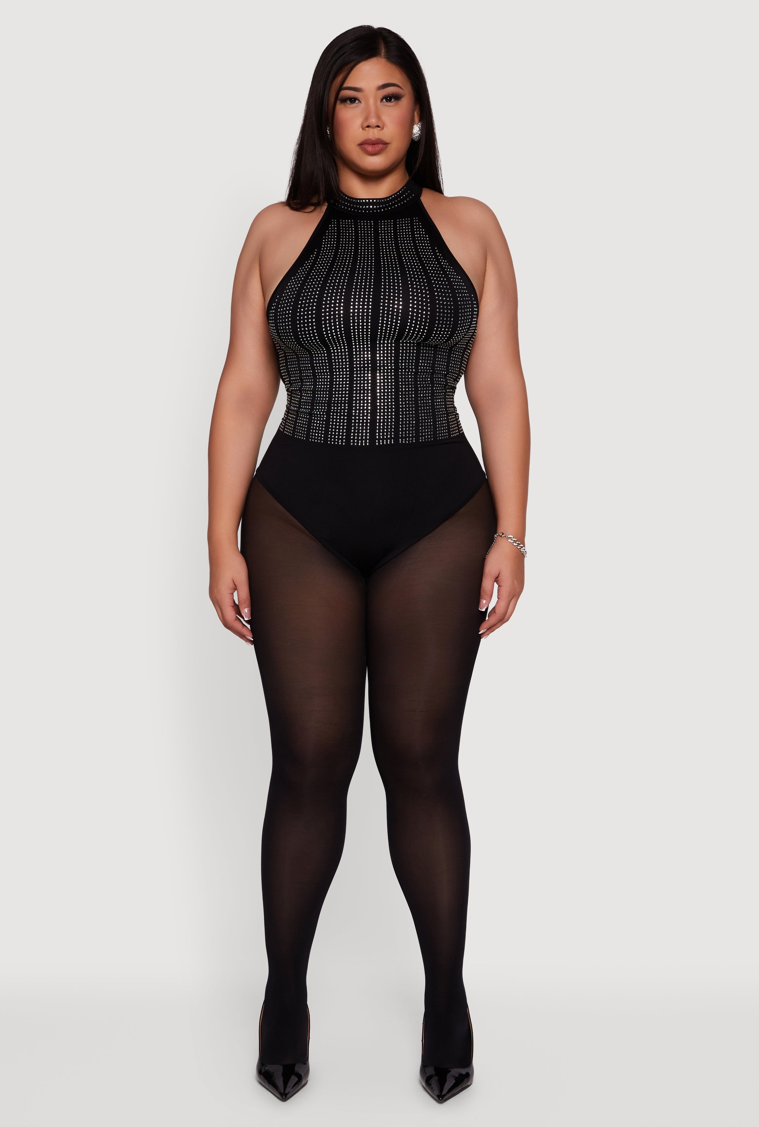 Plus Size Patterned Rhinestone Sleeveless Bodysuit