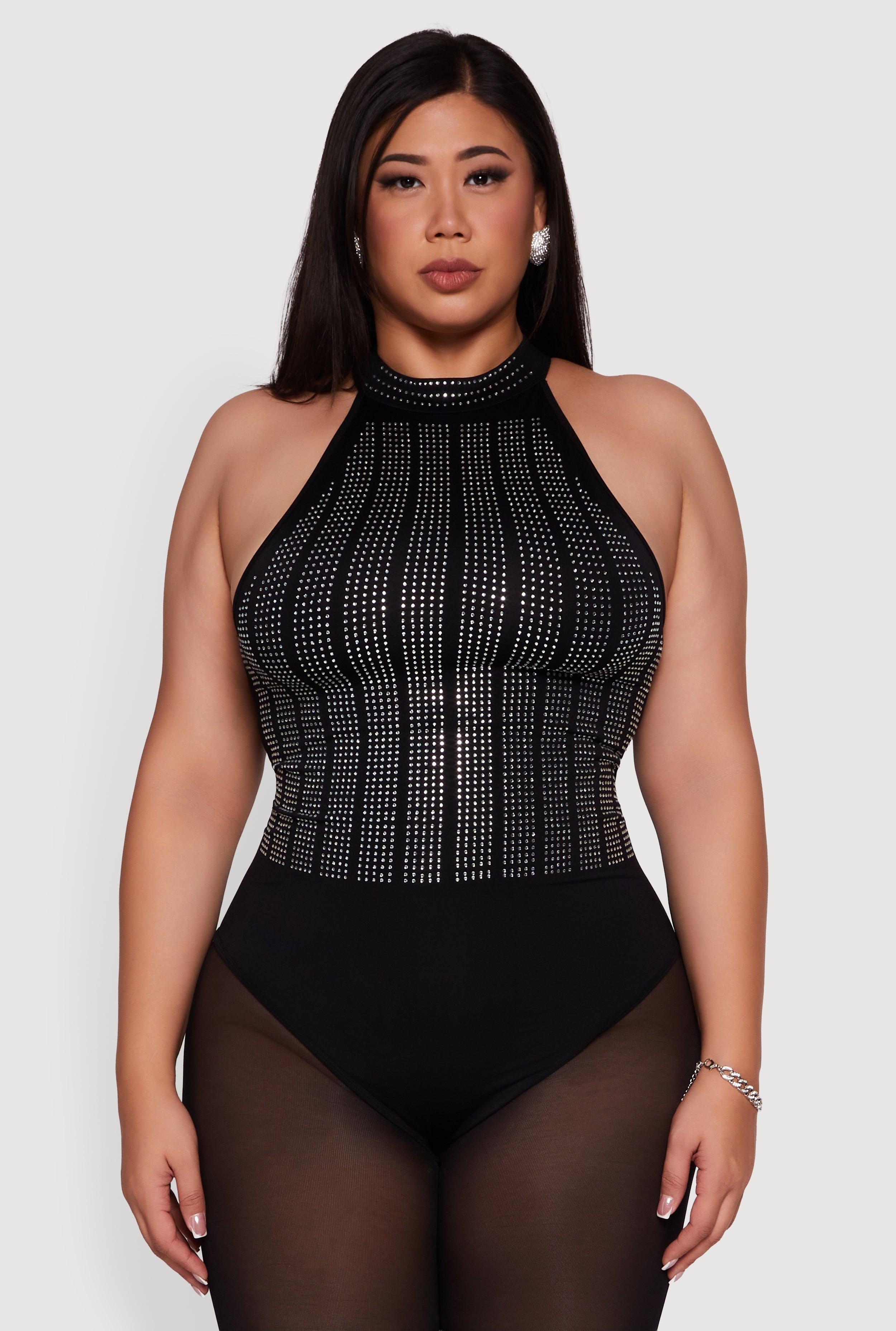 Plus Size Patterned Rhinestone Sleeveless Bodysuit