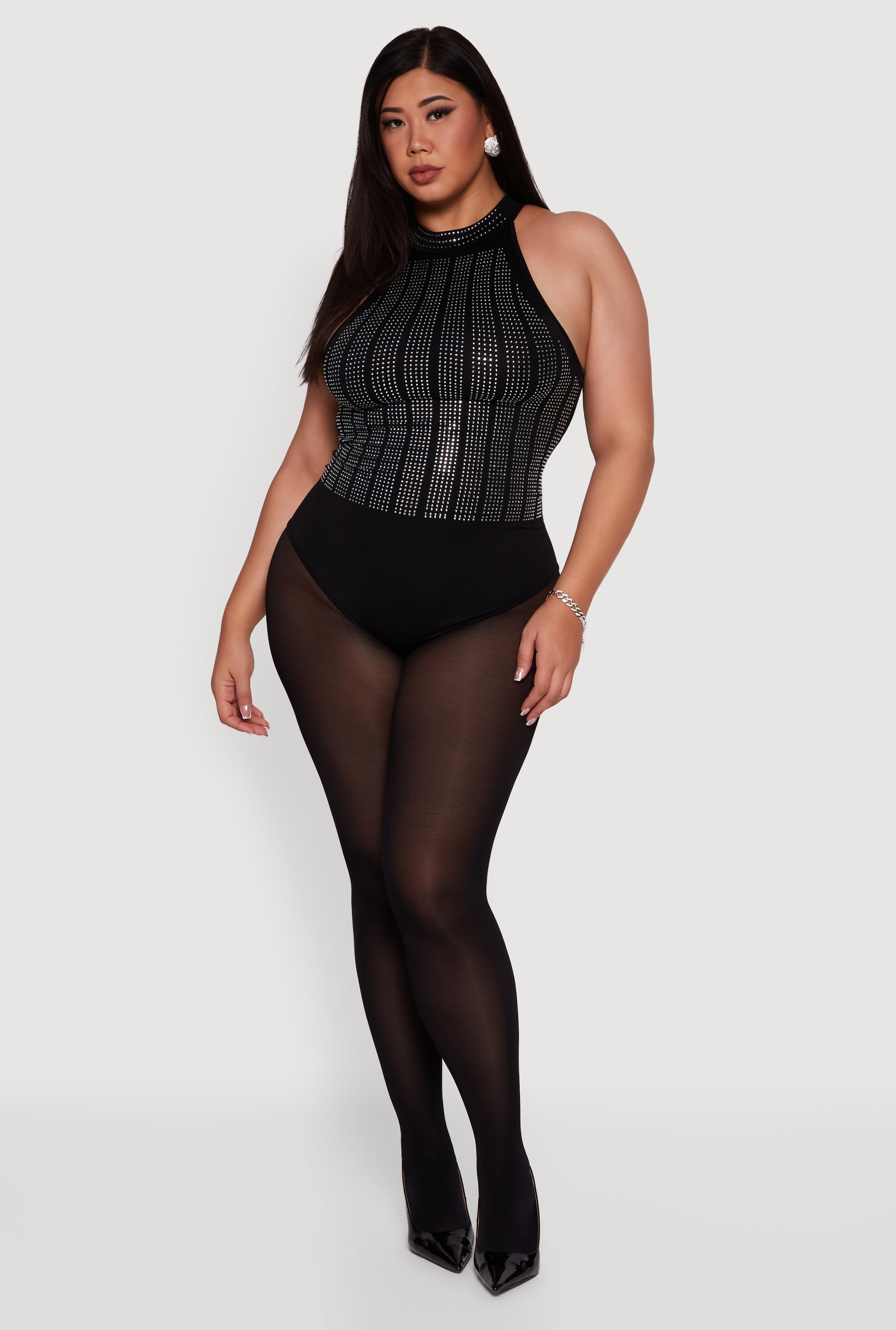 Plus Size Patterned Rhinestone Sleeveless Bodysuit
