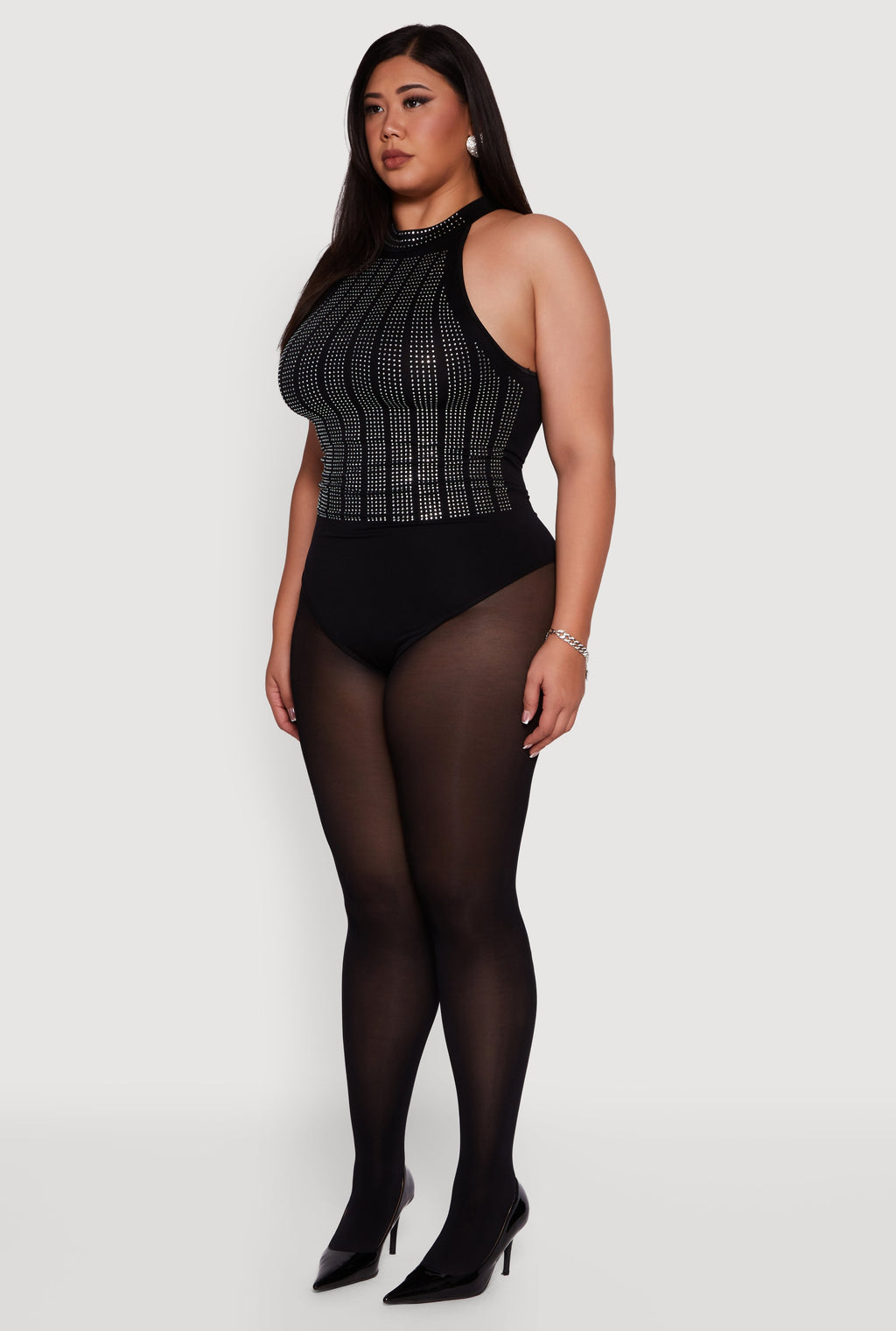 Plus Size Patterned Rhinestone Sleeveless Bodysuit