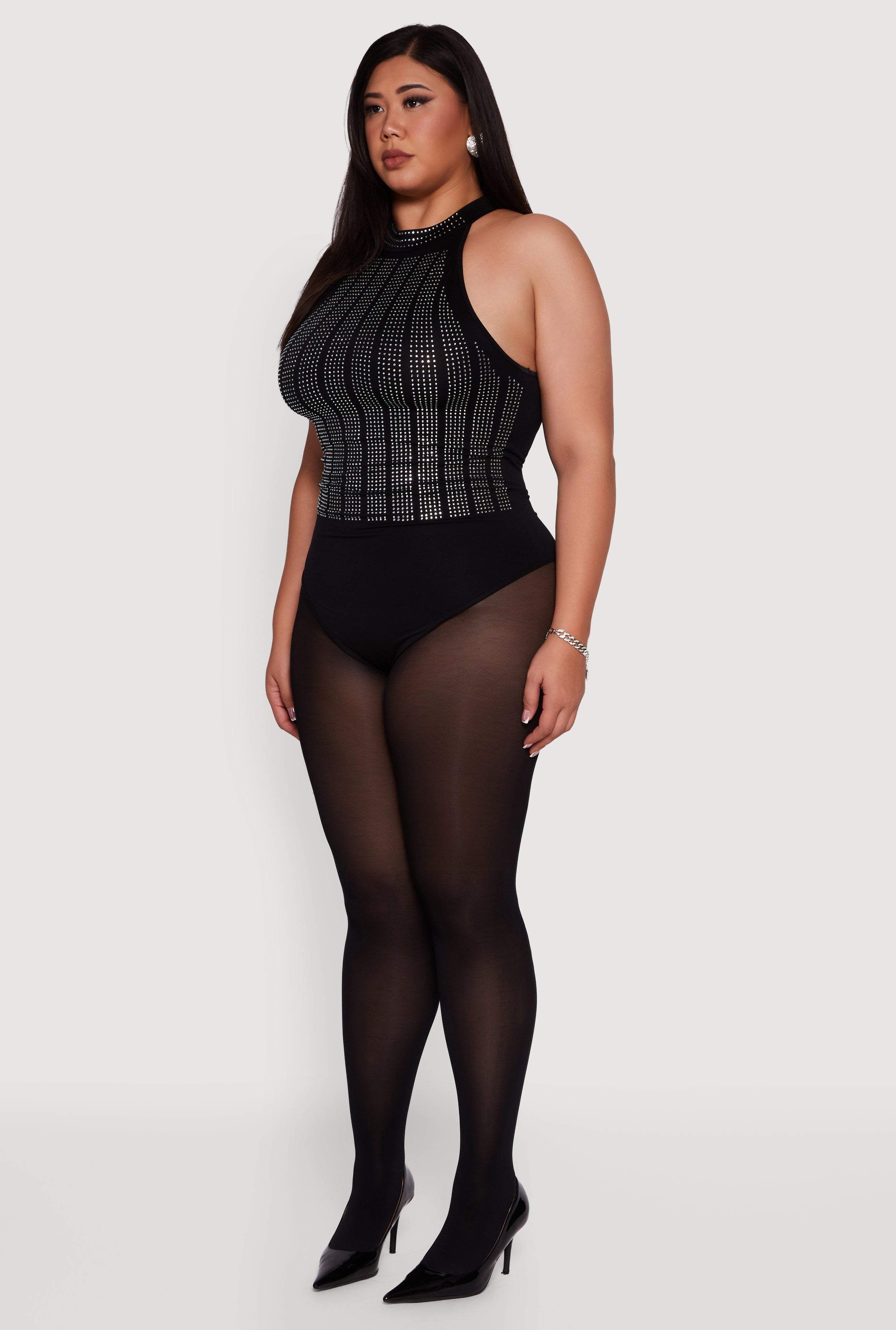 Plus Size Patterned Rhinestone Sleeveless Bodysuit