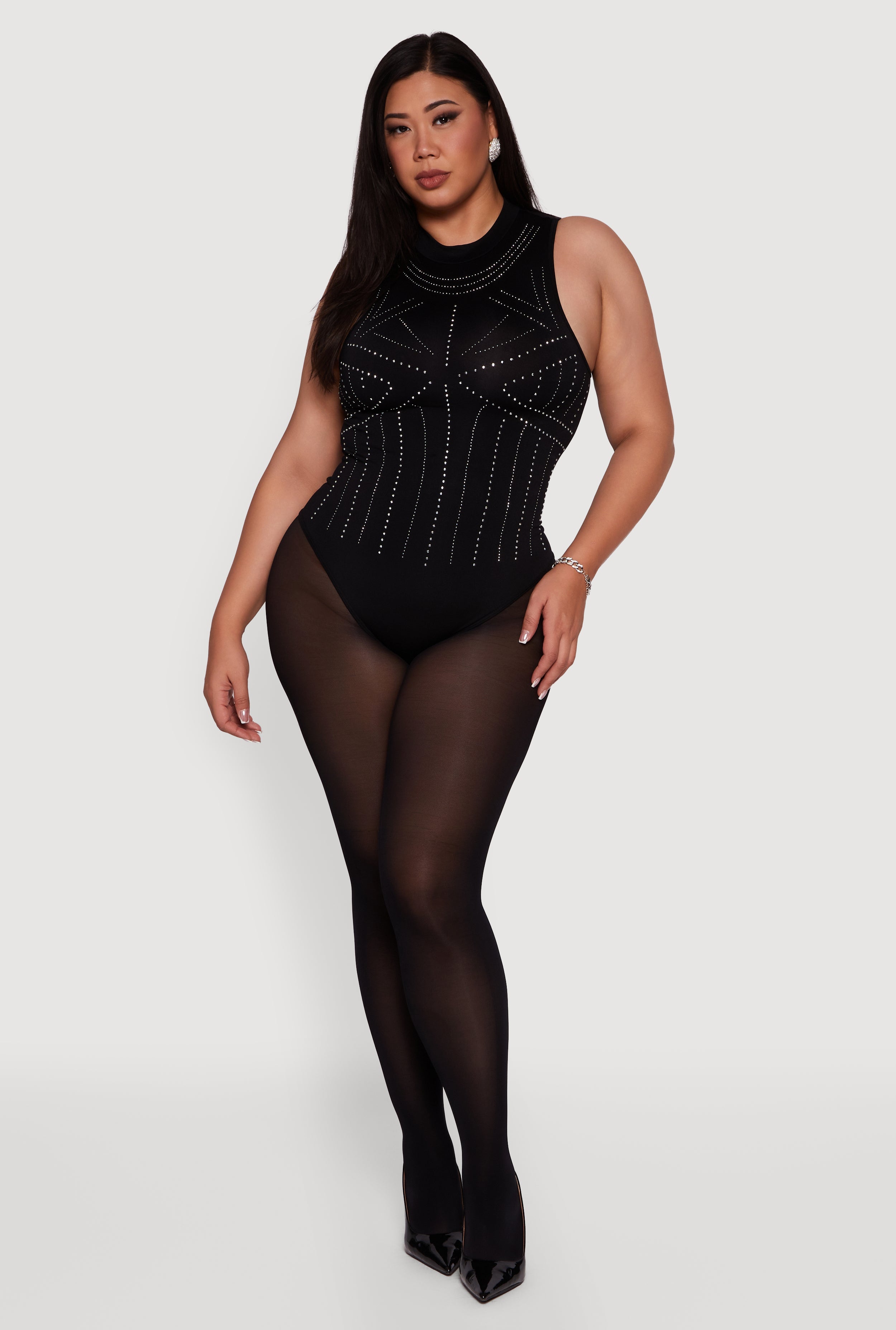 Plus Size Rhinestone Seamless High Neck Bodysuit