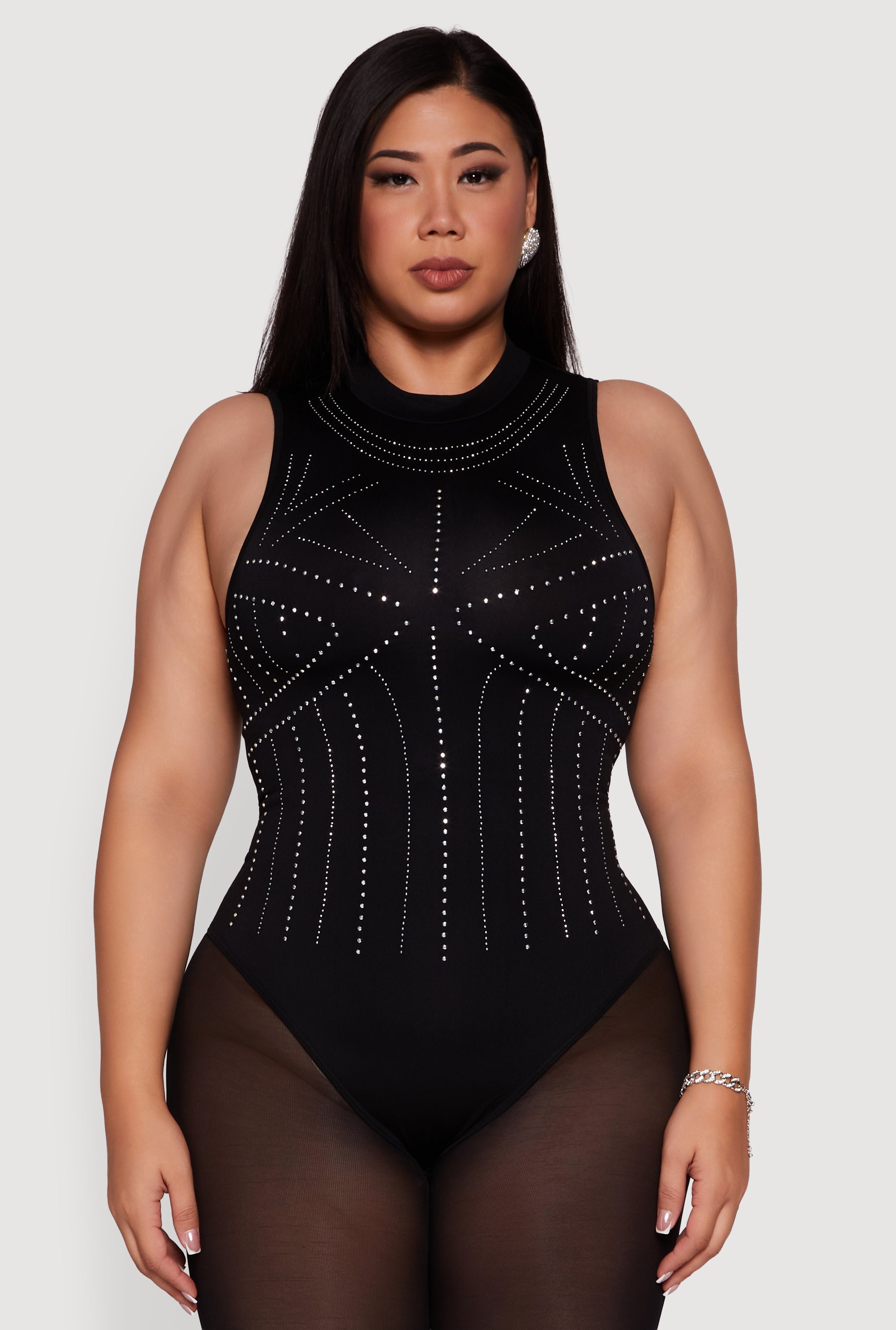 Plus Size Rhinestone Seamless High Neck Bodysuit