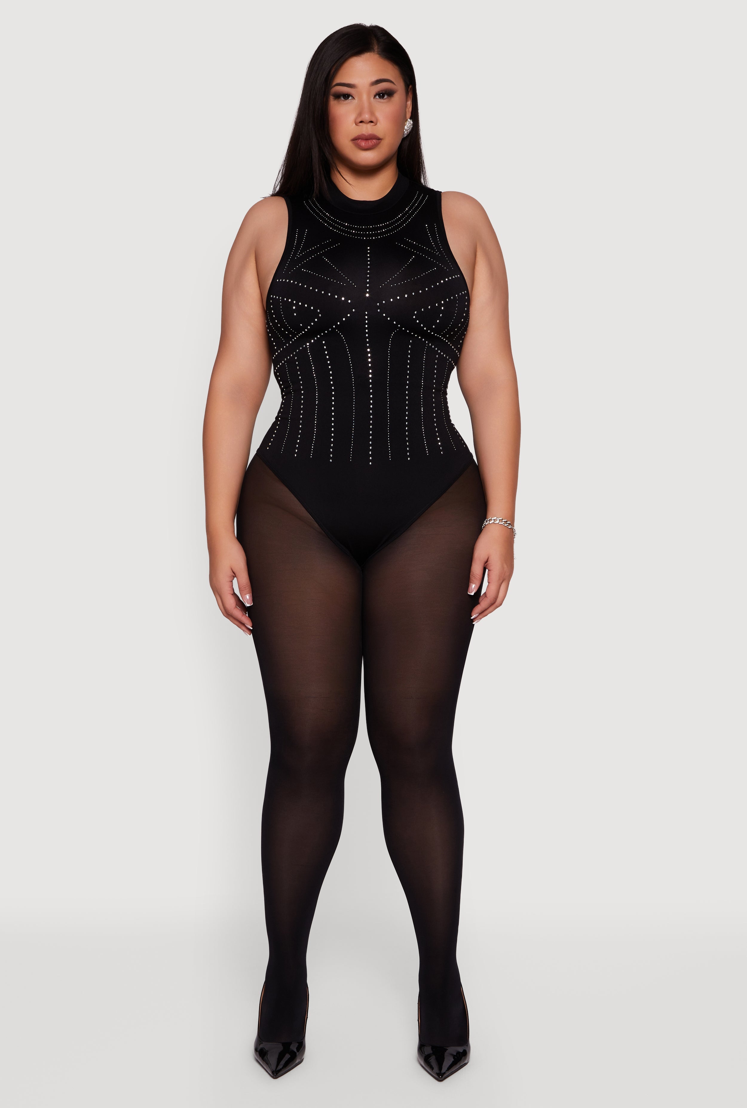 Plus Size Rhinestone Seamless High Neck Bodysuit