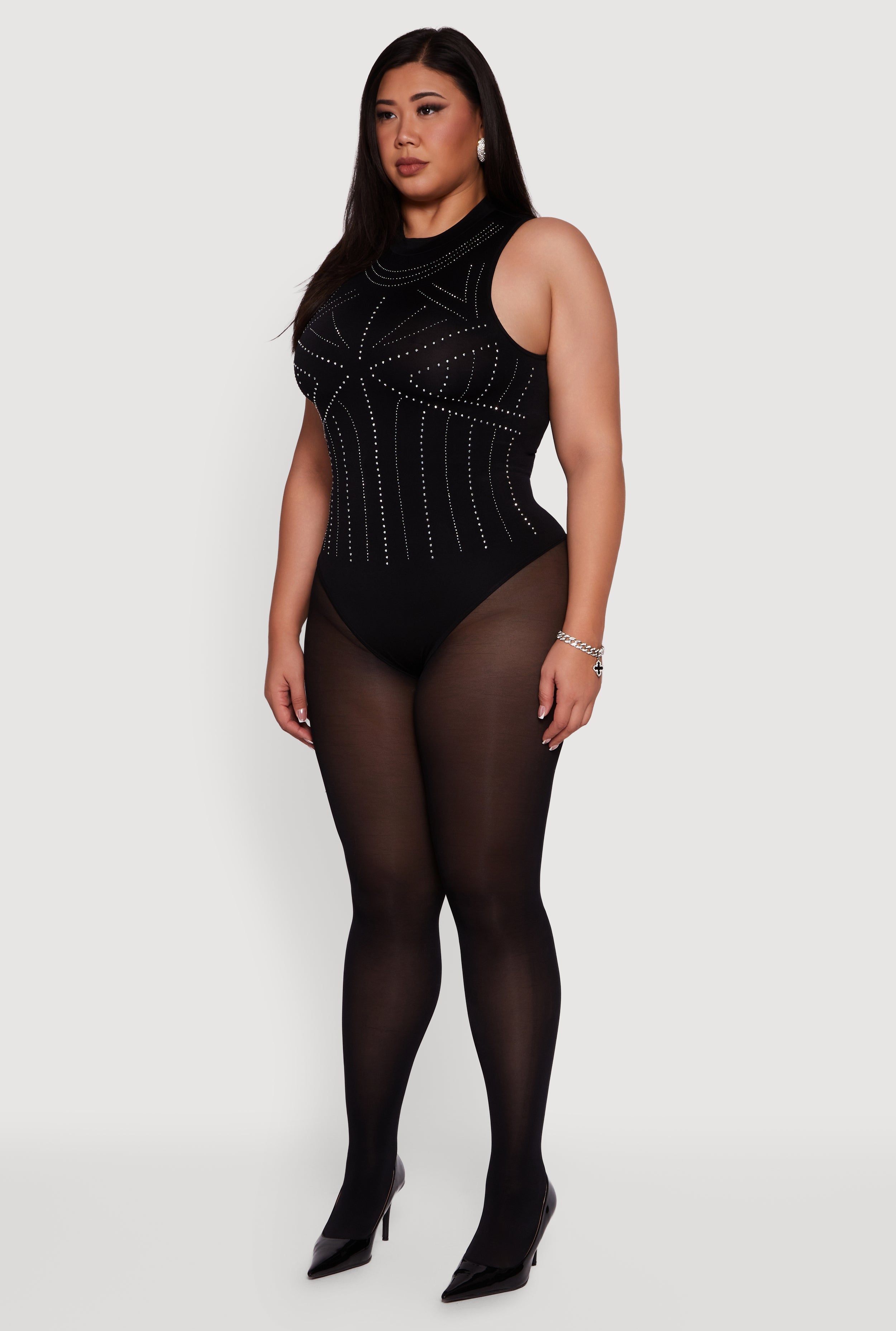 Plus Size Rhinestone Seamless High Neck Bodysuit