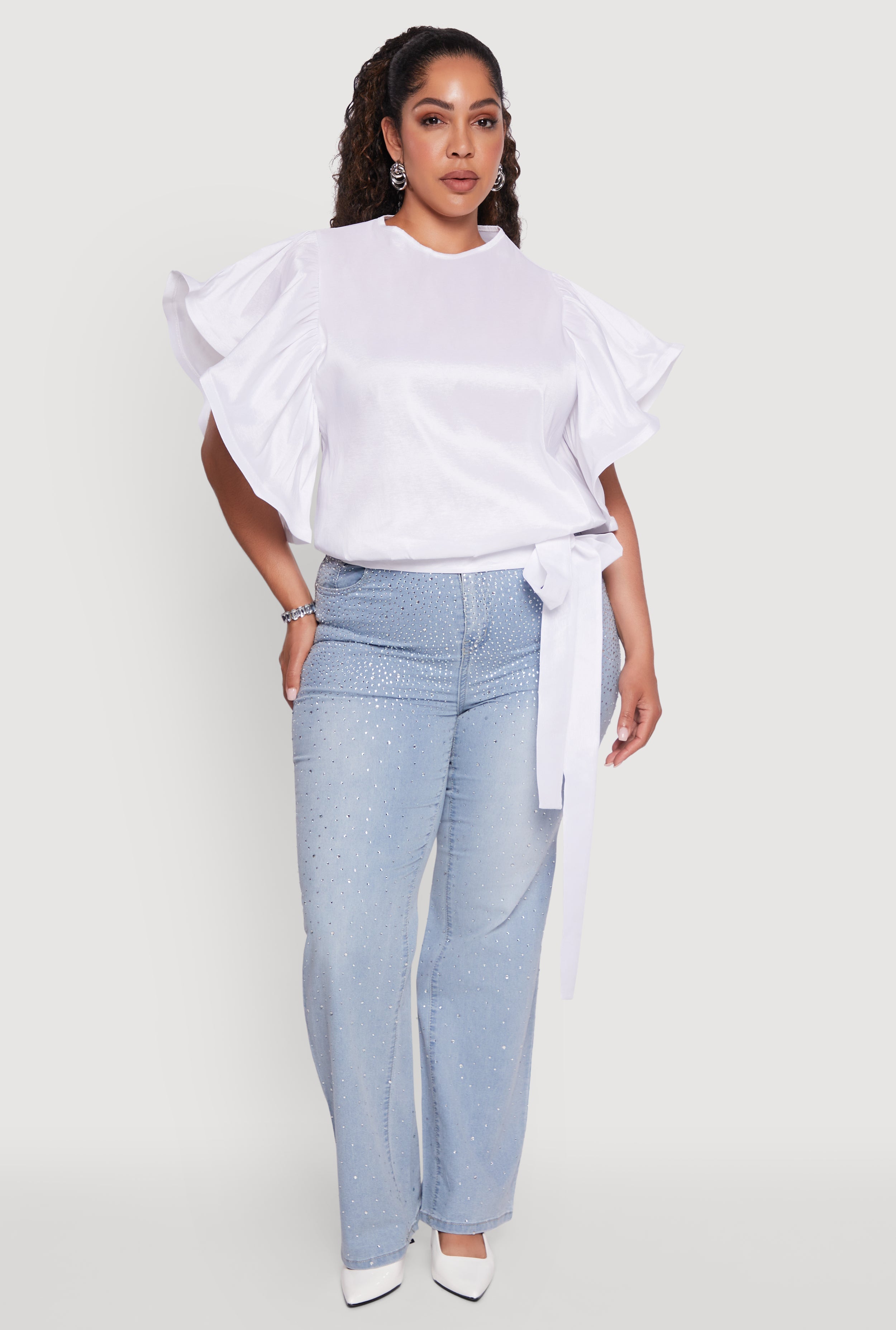Plus Size Flutter Sleeve Blouse with Tie Waist Belt