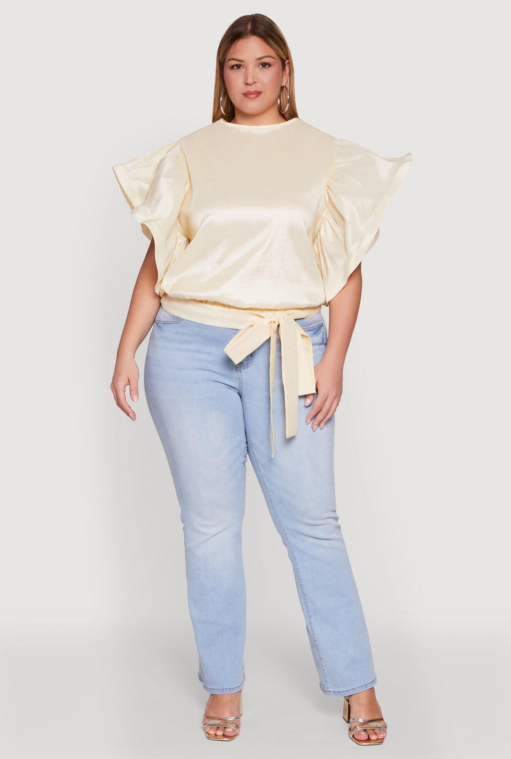 Plus Size Flutter Sleeve Blouse with Tie Waist Belt