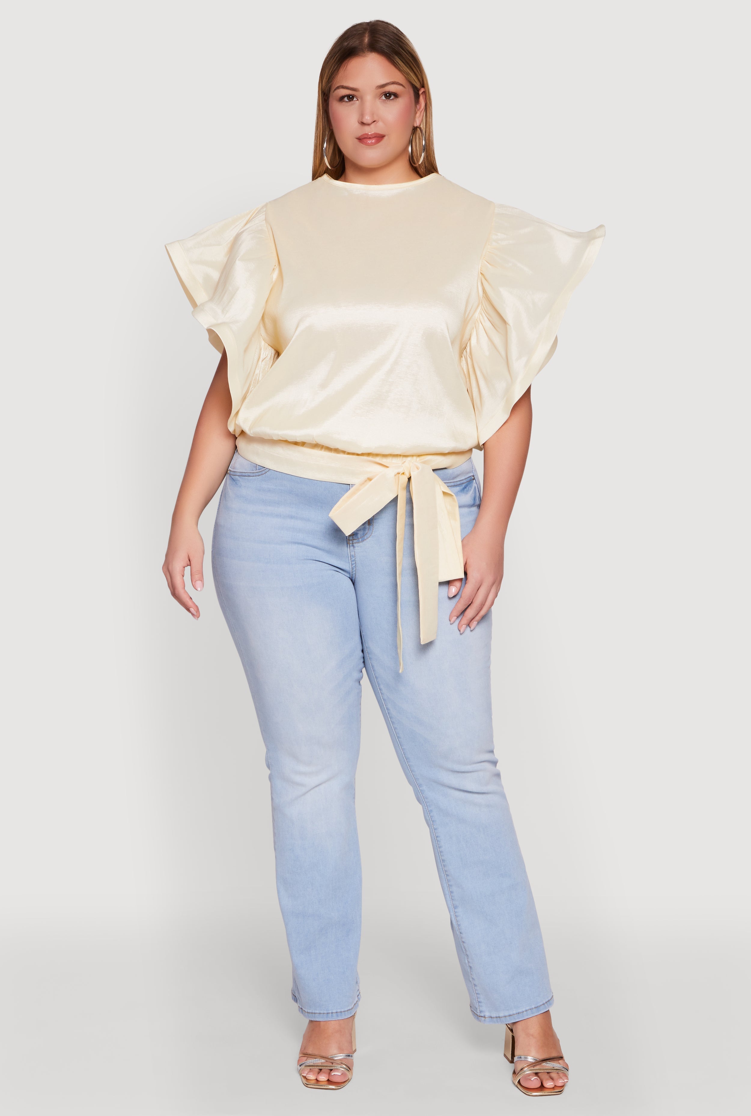 Plus Size Flutter Sleeve Blouse with Tie Waist Belt