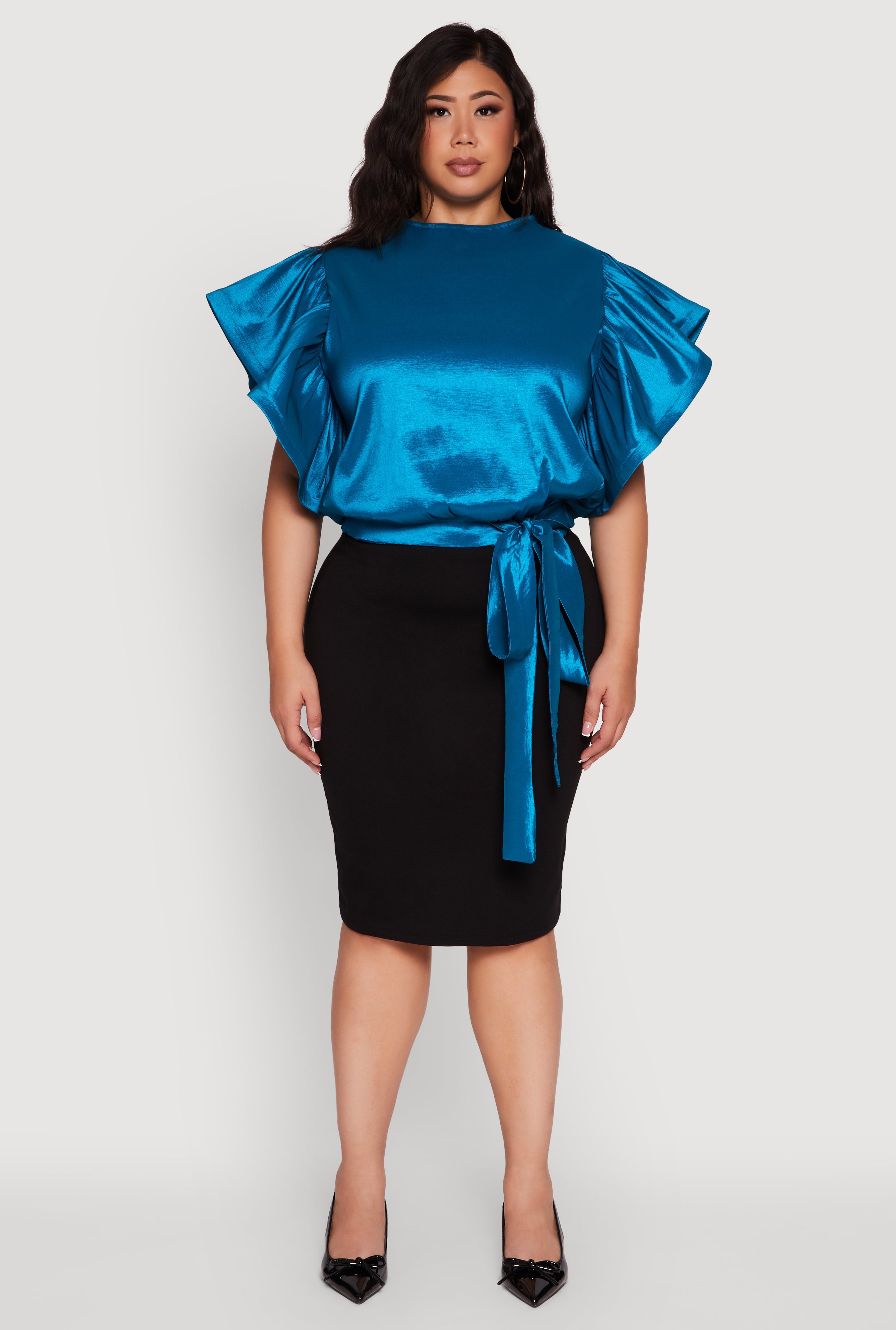 Plus Size Flutter Sleeve Blouse with Tie Waist Belt