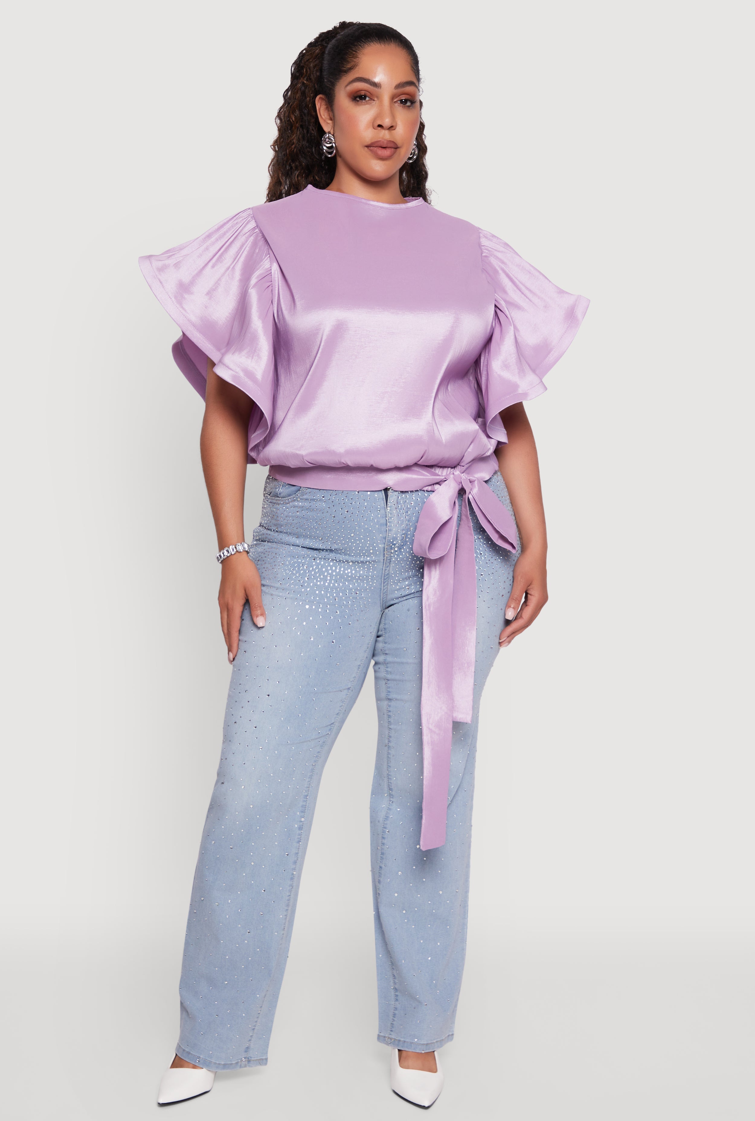 Plus Size Flutter Sleeve Blouse with Tie Waist Belt