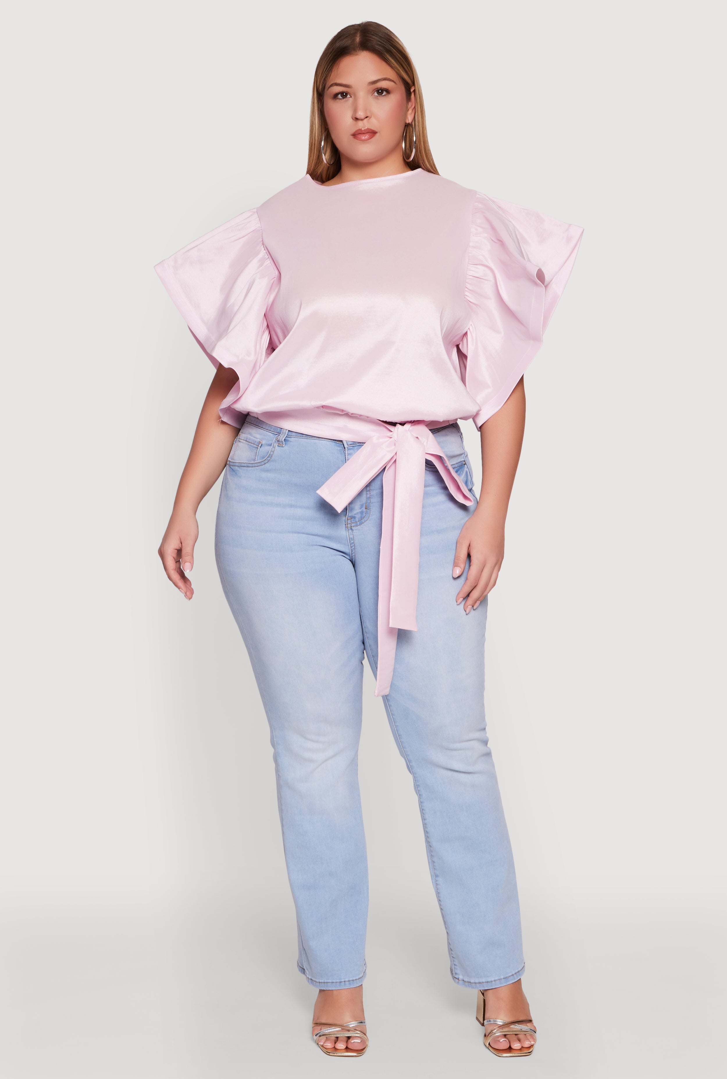 Plus Size Flutter Sleeve Blouse with Tie Waist Belt