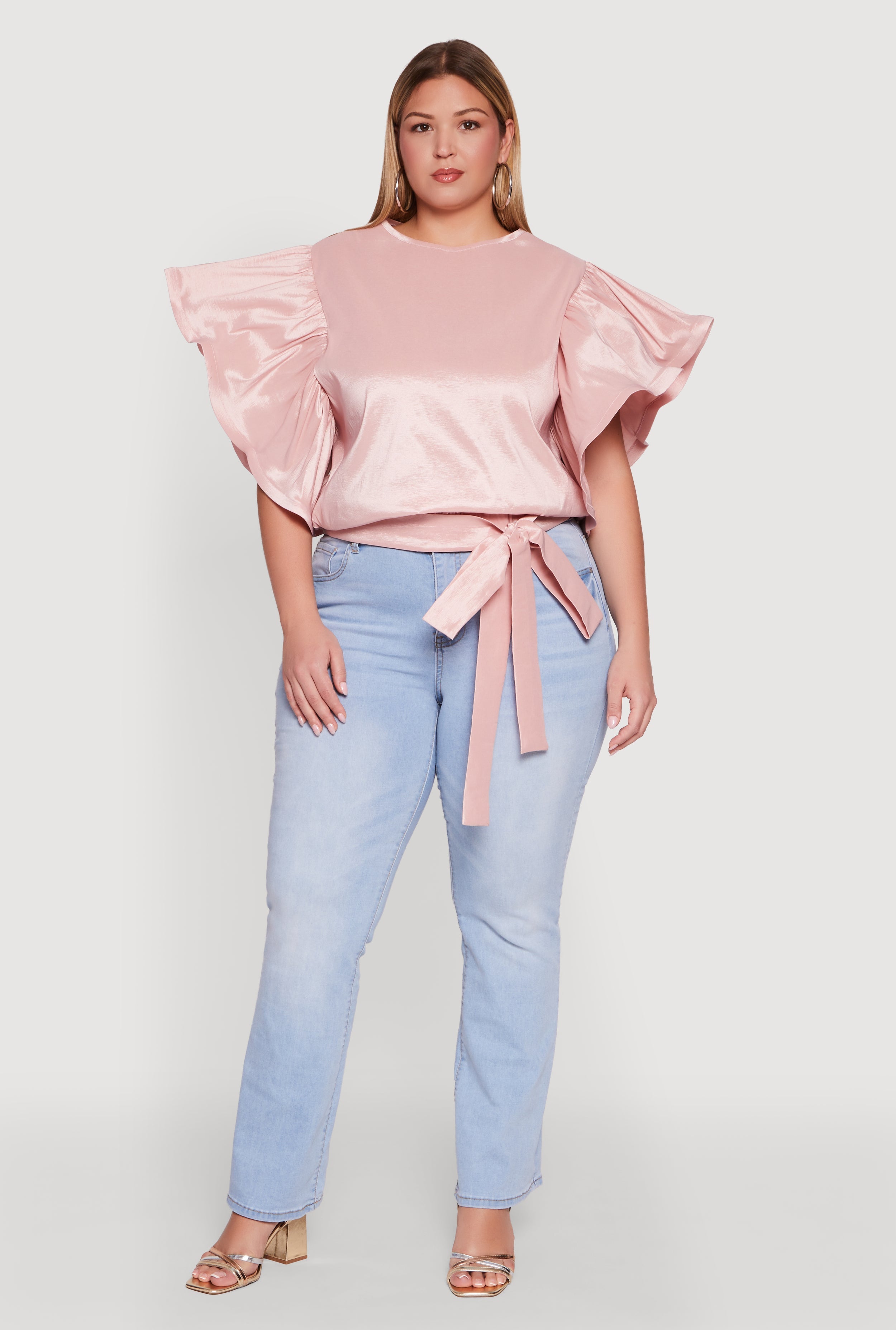 Plus Size Flutter Sleeve Blouse with Tie Waist Belt
