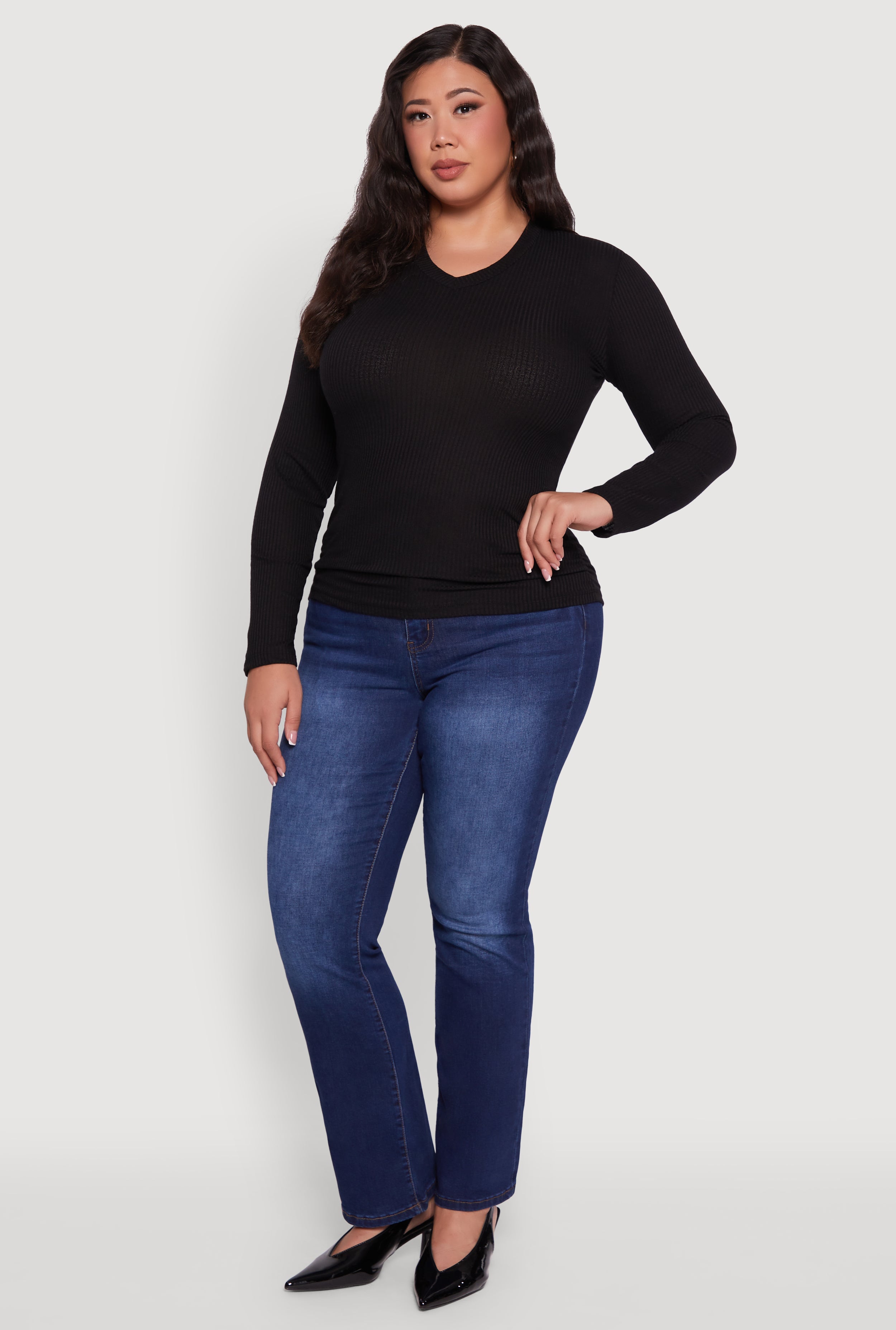 Plus Size Long Sleeve V Neck Tee