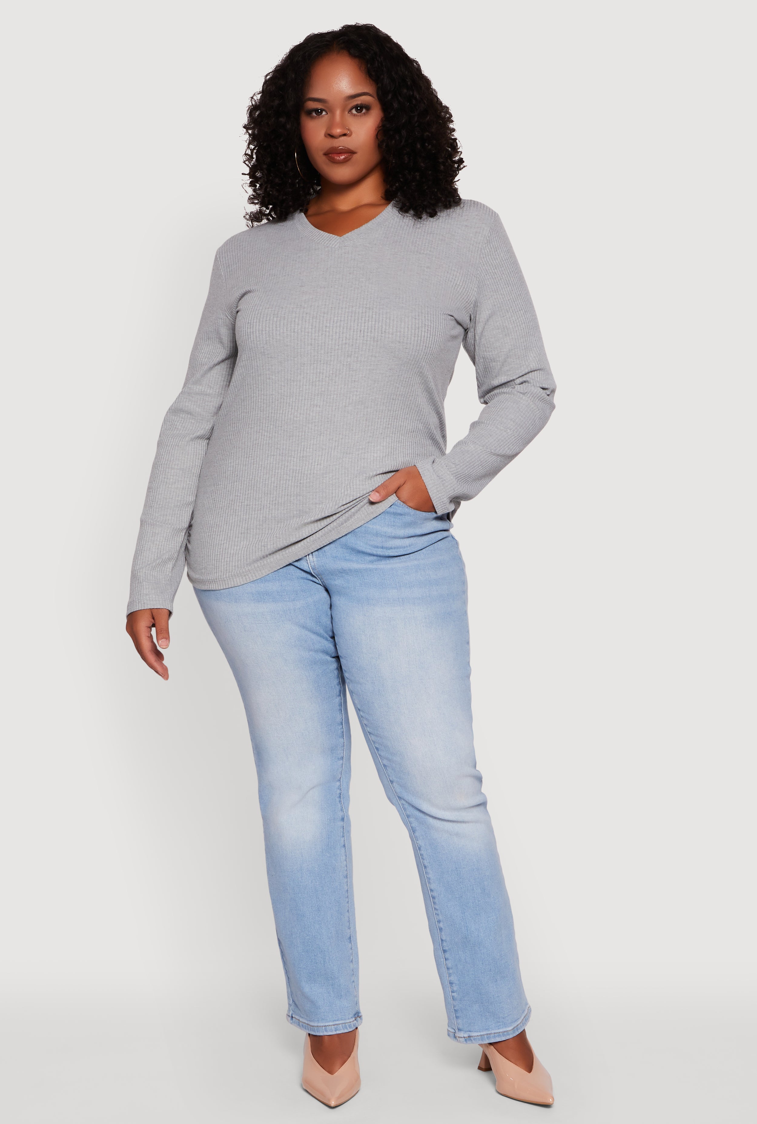 Plus Size Long Sleeve V Neck Tee