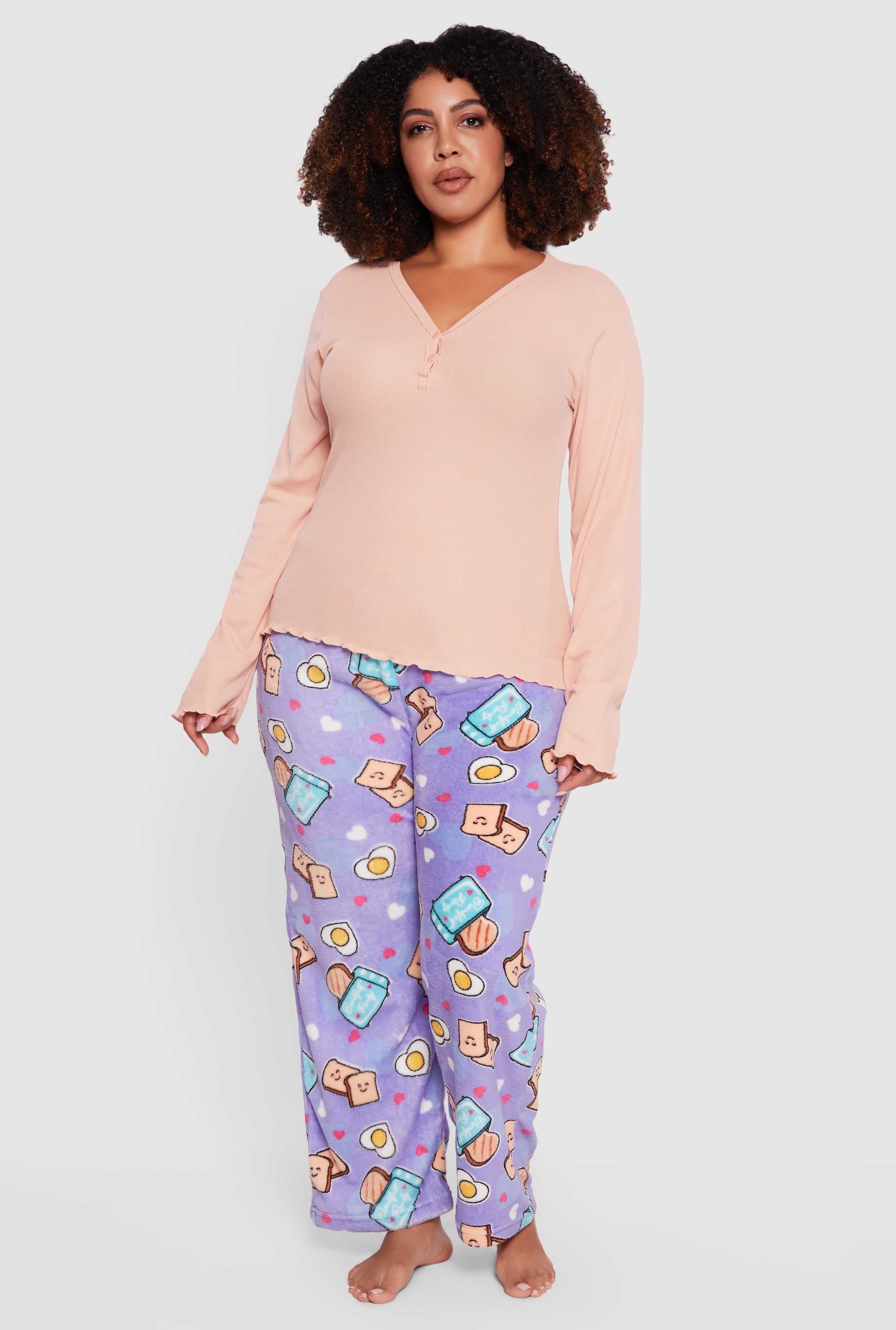 Plus Size Waffle Knit Pajama Top and Breakfast Graphic Pants