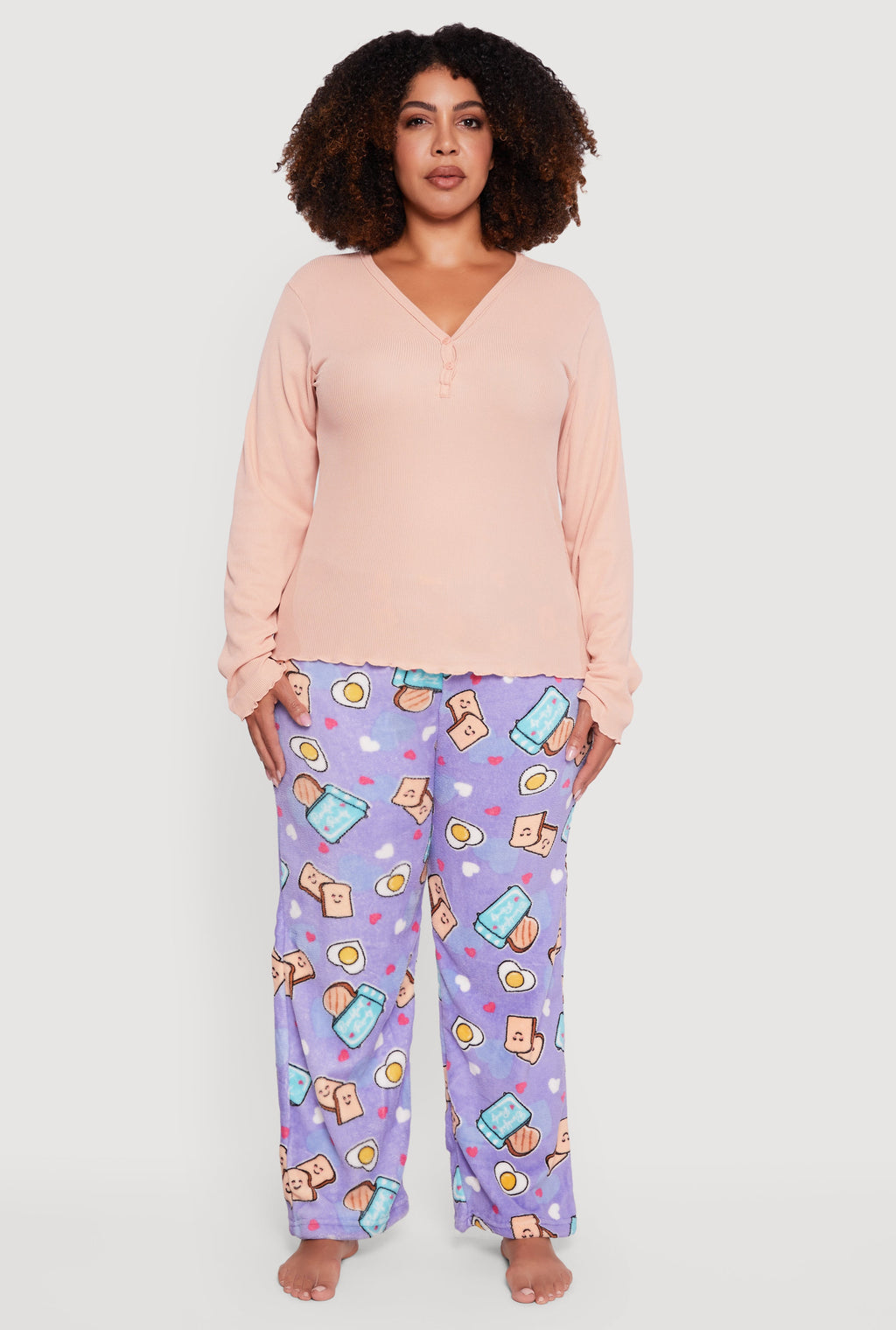 Plus Size Waffle Knit Pajama Top and Breakfast Graphic Pants