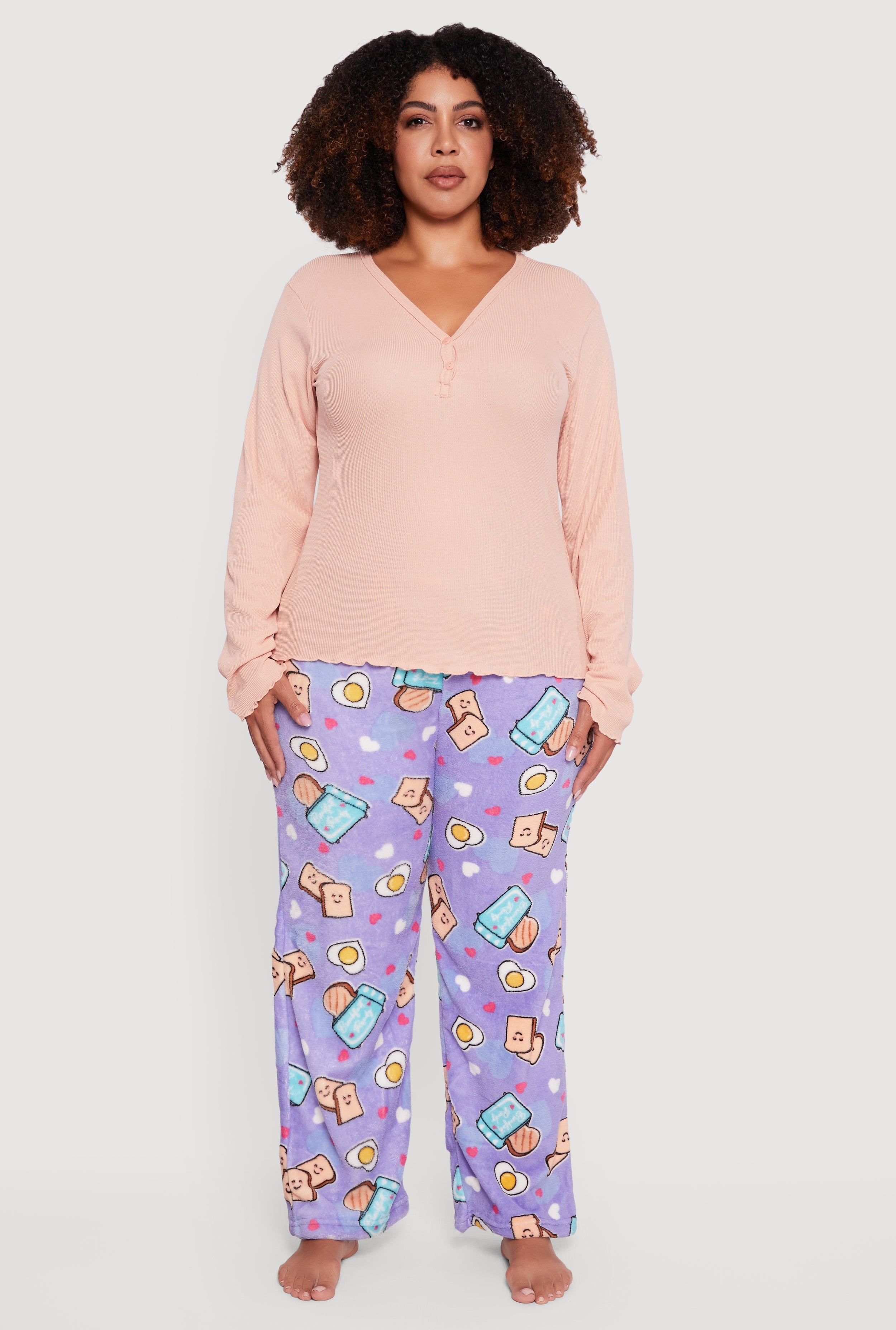 Plus Size Waffle Knit Pajama Top and Breakfast Graphic Pants