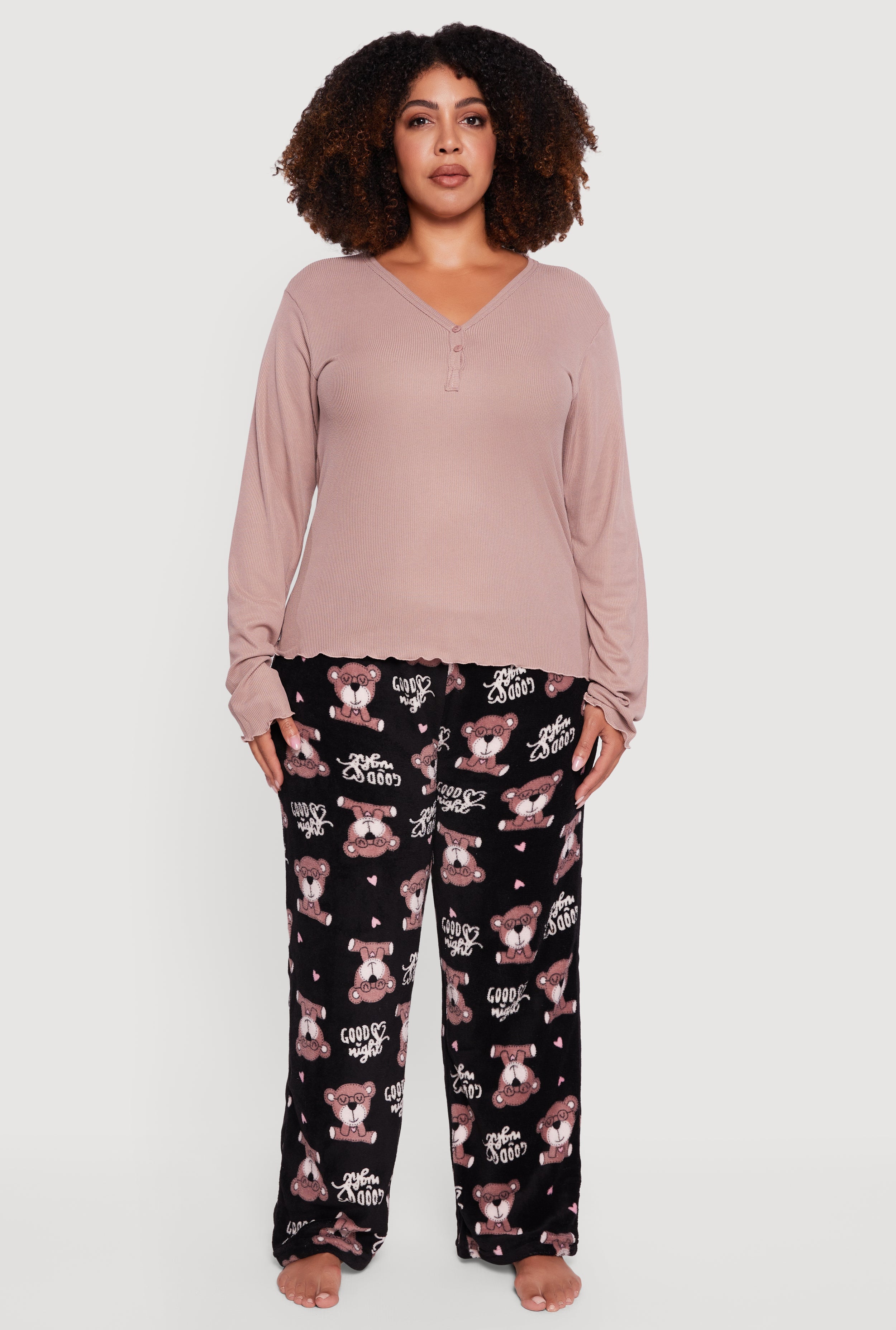 Plus Size Pajama Top and Good Night Bear Graphic Pants